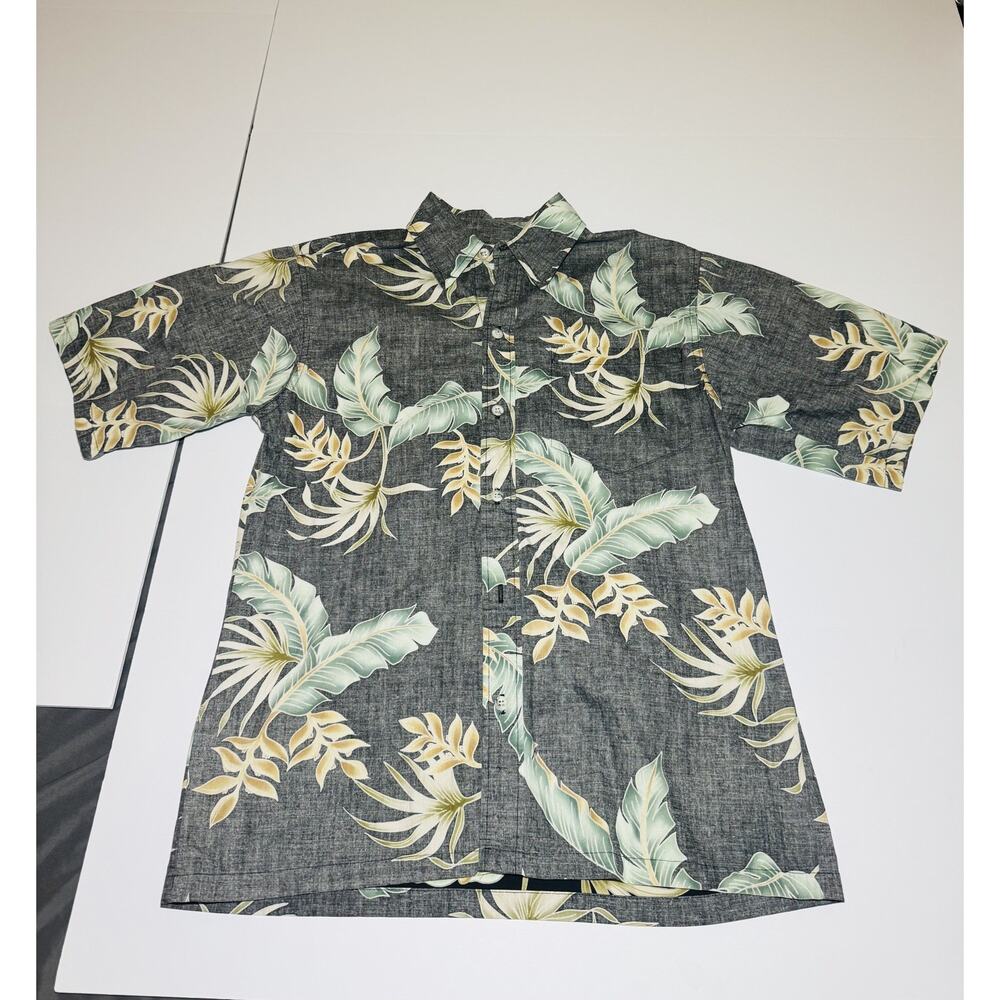 Go Barefoot Hawaiian Shirt Mens Medium Black Cotton Short Sleeve‎ Button Up USA